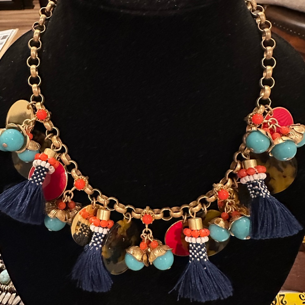 J. Crew Gold and Navy Tassel Necklace